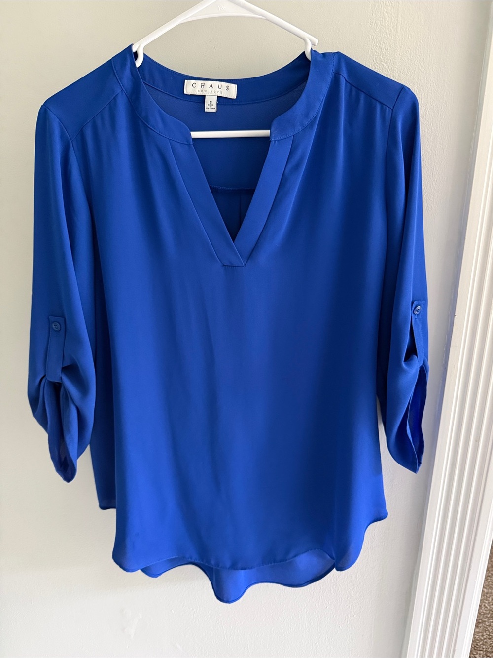 Chaus Cobalt Blue Split V-Neck Roll-Tab Blouse